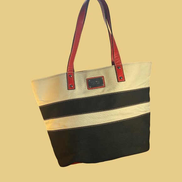 Nine West Canvas Tote Bag Beige & Black Stripes W/ Red Handles & Logo Plate - Picture 1 of 8
